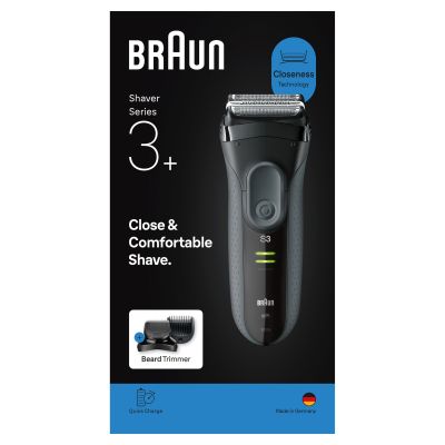 Braun Series 3+ Electric Shaver, Beard Trimmer Attachment, Dry, 3000BT, Grey