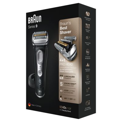 Braun Series 9 9340s Latest Generation Electric Shaver, Charging Stand, Fabric Case, Noir