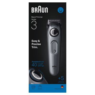 Braun Beard Trimmer Series 3, +5 Styling Tools, 40 Lengths, Sharp Blade, BT3560, Grey