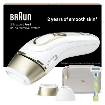 Braun IPL Silk-Expert Pro 5, At Home Hair Removal Device with Pouch, White/Gold, PL5124