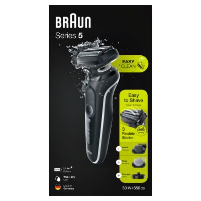 Braun Series 5 50-W4650cs Electric Shaver With 2 EasyClick Attachments, Charging Stand, White