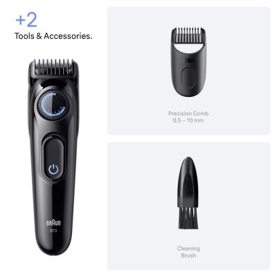 Braun Beard Trimmer Series 3, +2 Styling Tools, 20 Lengths, Sharp Blade, BT3500, Black